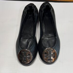 Tory Burch Black Leather Loafers with Silver Logo